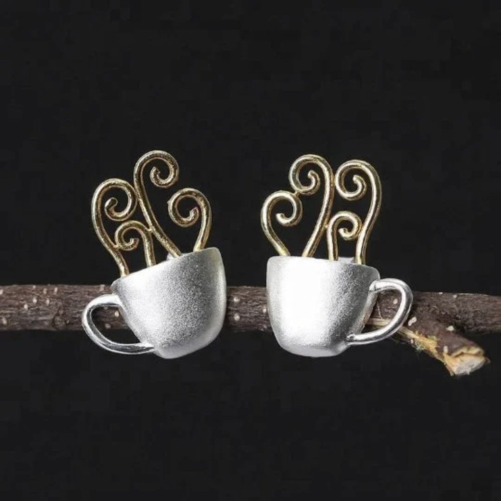 Handmade S925 Sterling Silver Hot Stud Dainty Coffee Earrings